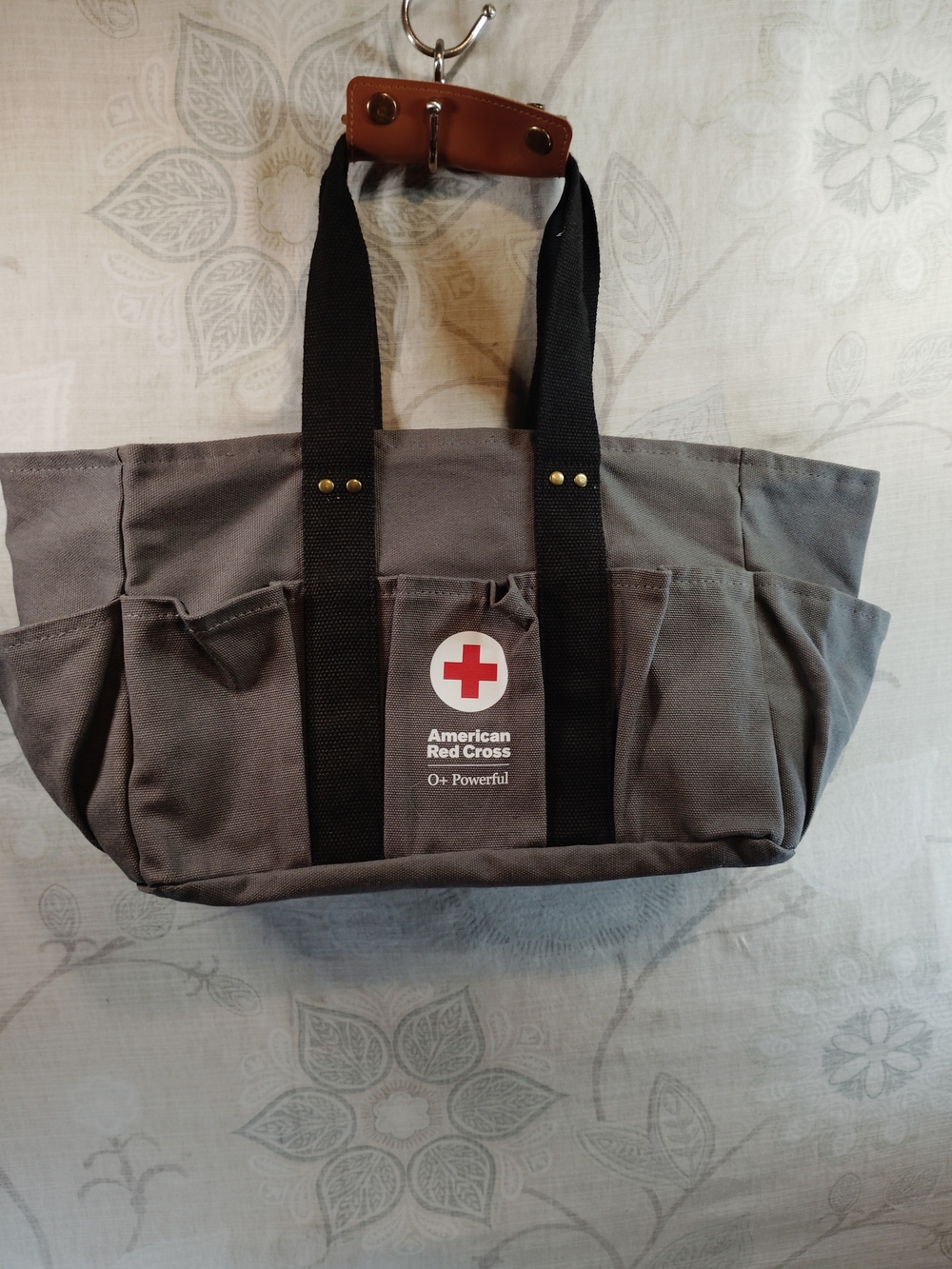 Red Cross Gray Canvas Shoulder Tote with Black Straps